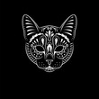 Decorative cat portrait on black background. Line art. Stencil art. Stylized cat face.