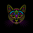 Decorative psychedelic cat portrait on black background. Line art. Stylized cat face. Psychedelic colors.