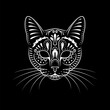 Decorative cat portrait on black background. Line art. Stencil art. Stylized cat face. Cat with whiskers.