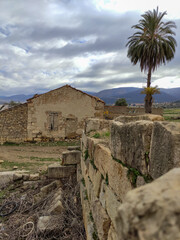 Poster - Vertical shot of an old house with a red roof on a cloudy sky background