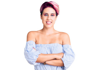 Sticker - Young beautiful woman with pink hair wearing casual clothes happy face smiling with crossed arms looking at the camera. positive person.