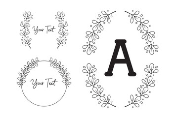 Poster - Leaf flower foliage wreath laurel vector frame border monogram in black white outline style
