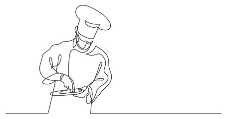 Poster - continuous line drawing of chef cooking gourmet meal wearing face mask