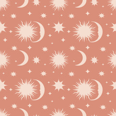 Wall Mural - vector seamless pattern with esoteric, astrological theme - moon, sun, stars in pastel colors. pattern for printing on clothes, wrapping paper, backgrounds for websites and applications
