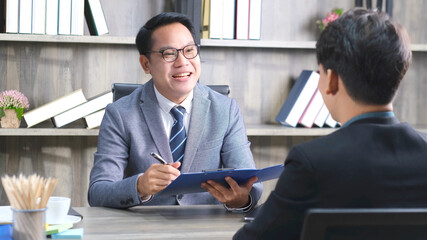 Asian man in job interview at office background, job search, business concept