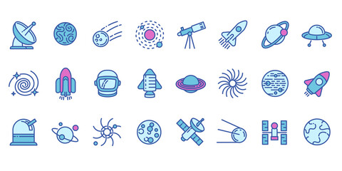 Poster - Space research technology icons set. Outline set of space research technology vector icons for web design isolated on white background