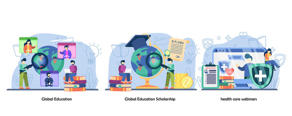 Wall Mural - Global Education, Scholarship, Health care webinars.online education, online training icons set. Vector flat design isolated concept metaphor illustrations