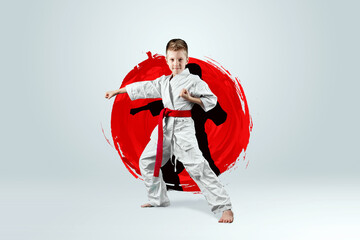 Full-length portrait of a boy in a white kimono with a red belt against the background of a red circle. Karate concept, training, goal, training, achievement.