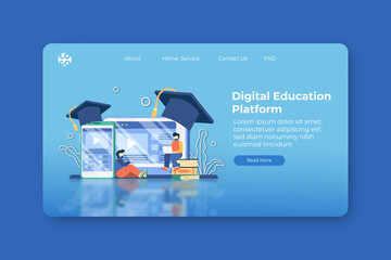 Modern Flat Design Vector Illustration Digital Education Platform Landing Page and Web Banner Template. Digital Education, E-Learning, Online Education, Tutorial Video, Online Teaching, Online class.