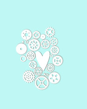 White Paper Cogwheels And Heart On Blue Background. Symbol Of Love. Valentine's Day, 14 Or 23 February Holiday, Man's Concept. Creative Minimal Style.