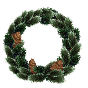 Handmade watercolor Christmas wreath spruce wreath, green drawing illustration isolated on white background,