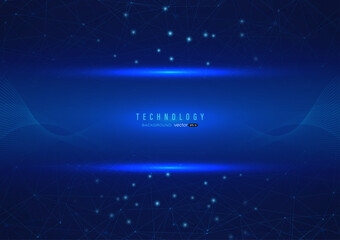 Wall Mural - digital technology with connected lines with dots, wave motion and light on dark blue background vec