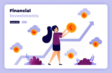 Wall Mural - Illustration of financial investment with illustrations of gold coins and charts. designed for landing page, banner, website, web, poster, mobile apps, homepage, social media, flyer, brochure, ui ux