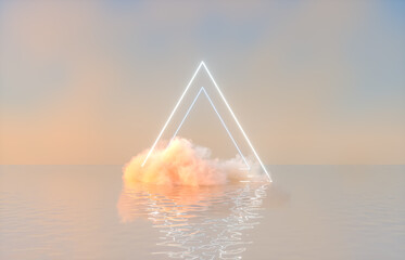 Poster - Natural beauty podium backdrop for product display with dreamy cloud and neon light background. Romantic 3d seascape scene.