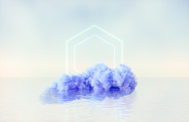 Poster - Natural beauty podium backdrop for product display with dreamy cloud and neon light background. Romantic 3d seascape scene.