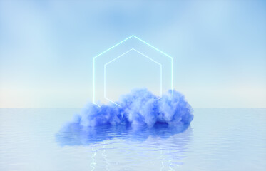 Poster - Natural beauty podium backdrop for product display with dreamy cloud and neon light background. Romantic 3d seascape scene.