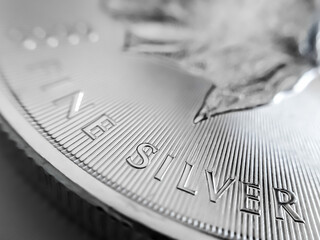 Macro shot of a silver canadian maple leaf bullion coin - business, investment, cash