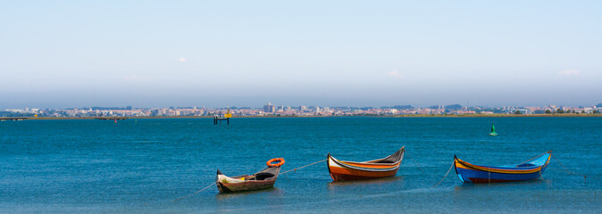 Sticker - Canoes in the sea with a city in the background