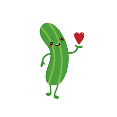 Wall Mural - Cute fresh green cartoon style cucumber character holding in hand red heart. Love, appreciation and caring concept.
