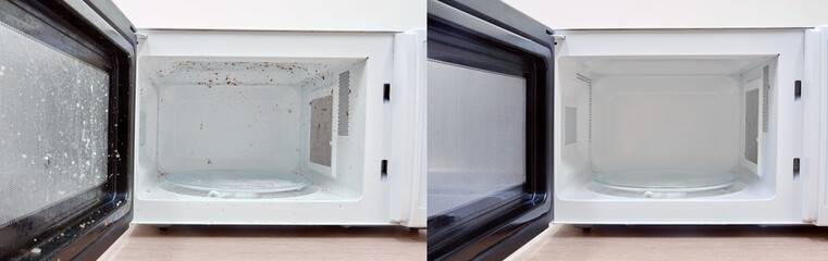 Clean niche and door of the microwave oven after washing. Kitchen appliances before and after washing and cleaning.