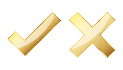 Check and cross icon. Gold approved and reject symbols