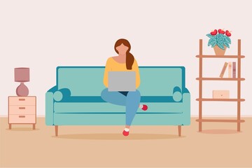 a girl with a laptop is sitting on the couch. Freelancing, or studying the concept. Cute illustration in flat style