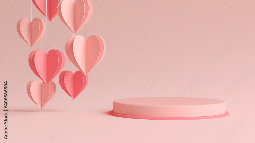 Valentines day podium with hanging paper hearts in 3D rendering ...