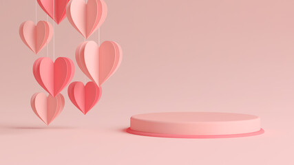 Wall Mural - Valentines day podium with hanging paper hearts in 3D rendering. Cylinder shape for product display with valentine’s day concept. Pink and red colors, Pedestal, Podium, Stand, 3D illustration.