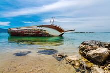 Sunked Yacht On Akbuk Beach In Didim