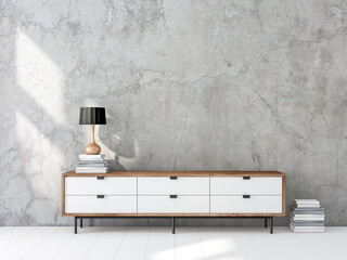 Wall Mural - Modern whire cabinet or tv console mockup in empty living room with white floor