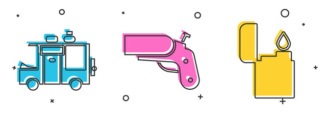 Poster - Set Rv Camping trailer, Flare gun pistol and Lighter icon. Vector.