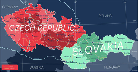 Sticker - Czech Republic and Slovakia countries detailed editable map with regions cities and towns, roads and railways, geographic sites. Vector EPS-10 file