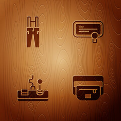 Sticker - Set Waist bag of banana, Pants with suspenders, Gamepad and Certificate template on wooden background. Vector.