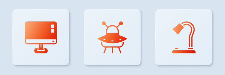 Poster - Set UFO flying spaceship, Computer monitor screen and Table lamp. White square button. Vector.