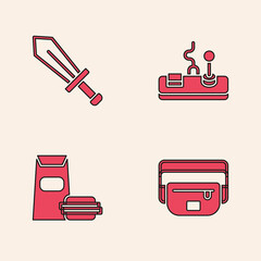 Poster - Set Waist bag of banana, Sword for game, Gamepad and Burger icon. Vector.