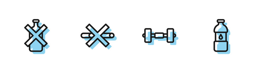 Sticker - Set line Dumbbell, No alcohol, Smoking and Bottle of water icon. Vector.