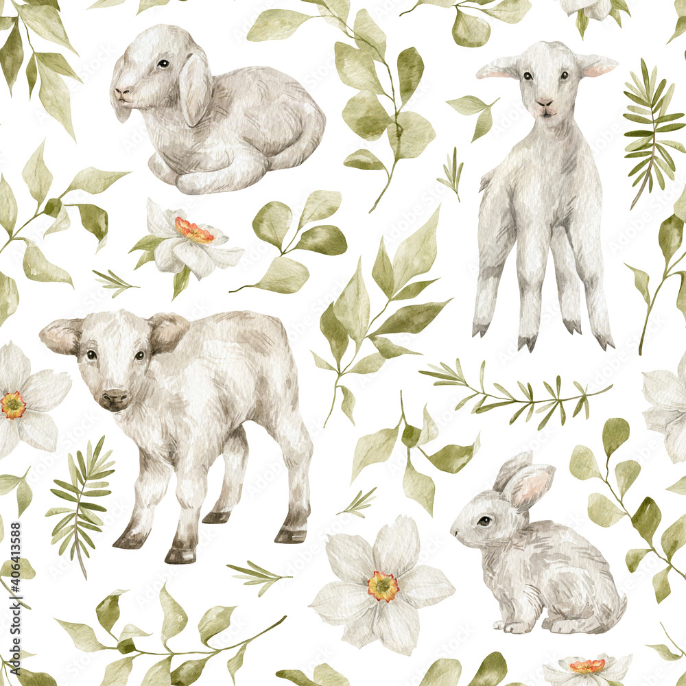 Watercolor seamless pattern with cute farm animals, leaves, flowers ...