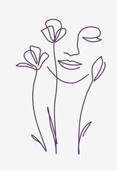 Aufkleber - One line drawing. Abstract beautiful girl with flowers. Female beauty icon. Vector illustration.	