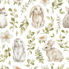 Watercolor seamless pattern with cute white rabbits and leaves. Wild animals, eucalyptus, flowers. Hand-drawn adorable hare, branch, plants. Springtime background