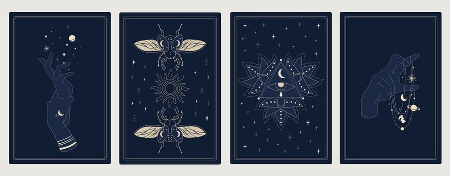 astrology posters. mystic sacred symbols. outline cosmic cards with planets and stars. decorative sy