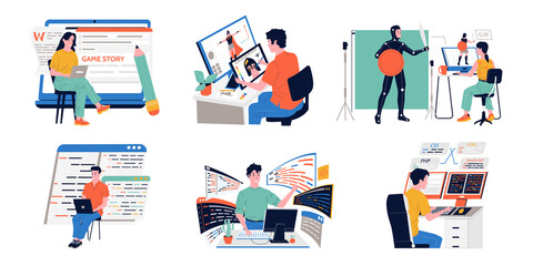 Leinwandbilder - Game development. Cartoon programmers working on digital entertainment project. People coding or creating characters. Collective of script writers and motion designers. Vector modern specialists set