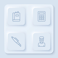 Poster - Set line Book, Calculator, Fountain pen nib and Nerd geek. White square button. Vector.
