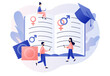 © Marta Sher - Sexual education concept. Tiny people with big book in sexual health lesson. Contraception and reproduction system. Human sexuality. Modern flat cartoon style. Vector illustration