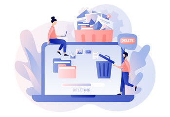 Delete concept. Tiny people deleting data on laptop and move unnecessary files to the trash bin. Cleaning digital memory. Modern flat cartoon style. Vector illustration on white background