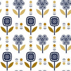 Wall Mural - Scandinavian folk art seamless vector pattern with plants in minimalist style