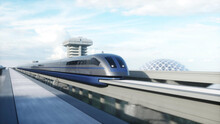 Futuristic Train Station With Monorail And Train. Traffic Of People, Crowd. Concrete Architecture. Future Concept. 3d Rendering.