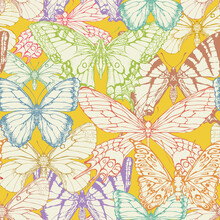 Seamless Pattern With Multi Colored Beautiful Butterflies On A Yellow Background. Decorative Vector Background. Suitable For Wallpaper, Wrapping Paper, Fabric, Textile