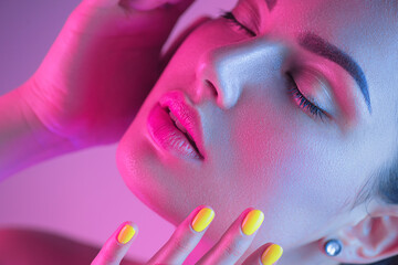 high fashion model girl in colorful bright uv lights posing in studio, portrait of beautiful woman w