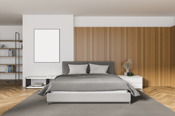 Wall Mural - White and wooden master bedroom interior with poster