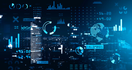 Poster - Financial graph interface and planet over dark cityscape background